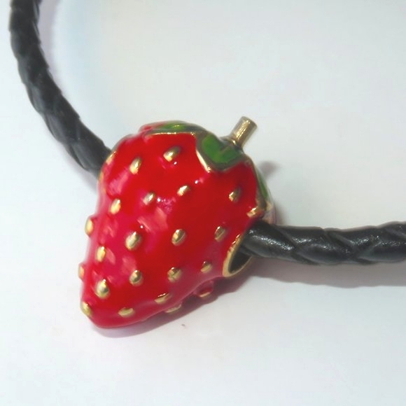Cute Enamel Strawberry "Summer Delight" Necklace On Black Woven Leather Cord - Picture 2 of 8